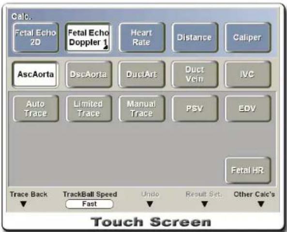 Calc. Fetal Echo 2D Fetal Echo Doppler 1 Heart Rate Distance Caliper AscAorta DscAorta DuctArt Duct Vein IVC Auto Trace Limited Trace Manual Trace PSV EDV Fetal HR Trace Back TrackBall Speed Fast Undo Result Set. Other Calc's Touch Screen