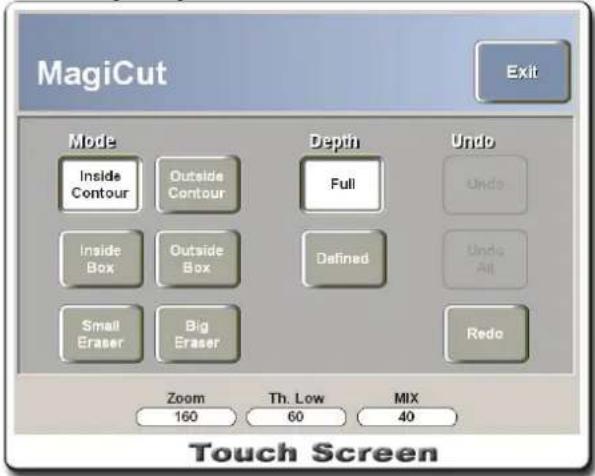 MagiCut Exit Mode Inside Contour Outside Contour Depth Full Undo Undo Inside Box Outside Box Defined Undo All Small Eraser Big Eraser Redo Zoom Th. Low MIX 160 60 40 Touch Screen