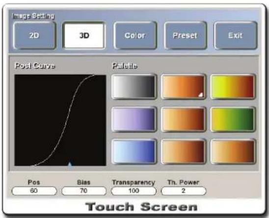 Image Setting 2D 3D Color Preset Exit Post Curve Palects Pos Bias Transparency Th. Power 60 70 100 2 Touch Screen