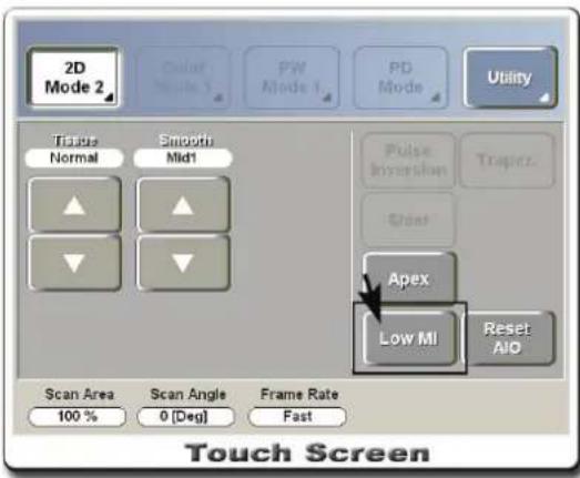 2D Mode 2 Color Mode 3 PW Mode 4 PD Mode Utility Tripsis Normal Smoothi Mid1 Pulse Inversion Traperz Usher Apex Low MI Reset AIO Scan Area Scan Angle Frame Rate 100 % 0 [Deg] Fast Touch Screen
