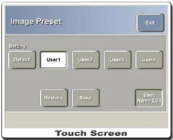 Image Preset Exit Setting Default User1 User2 User3 User4 Restore Save User Name Edit Touch Screen