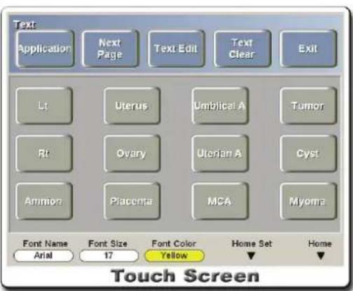 Text Application Next Page Text Edit Text Clear Exit Lt Uterus Umbilical A Tumor Rf Ovary Uterian A Cyst Ammon Placenta MCA Myoma Font Name Font Size Font Color Home Set Home Arial 17 Yellow ▼ Touch Screen