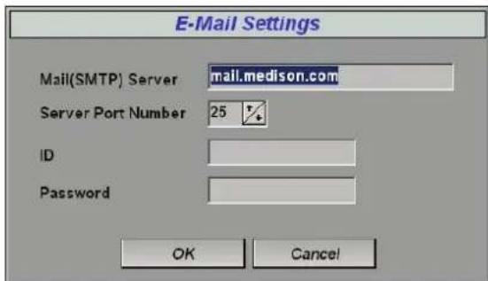 E-Mail Settings Mail(SMTP) Server mail.medison.com Server Port Number 25 ID Password OK Cancel