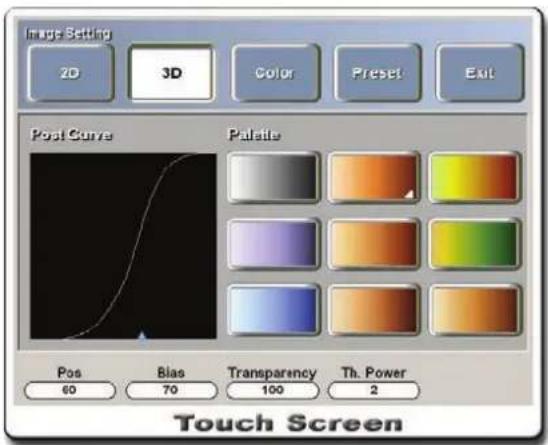 Image Setting 2D 3D Color Preset Exit Post Curve Palisie Pos Bias Transparency Th. Power 60 70 100 2 Touch Screen