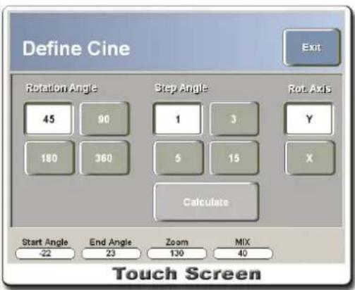 Define Cine Exit Rotation Angle 45 90 Step Angle 1 3 Rot Axis Y 180 360 5 15 X Calculate Start Angle -22 End Angle 23 Zoom 130 MIX 40 Touch Screen
