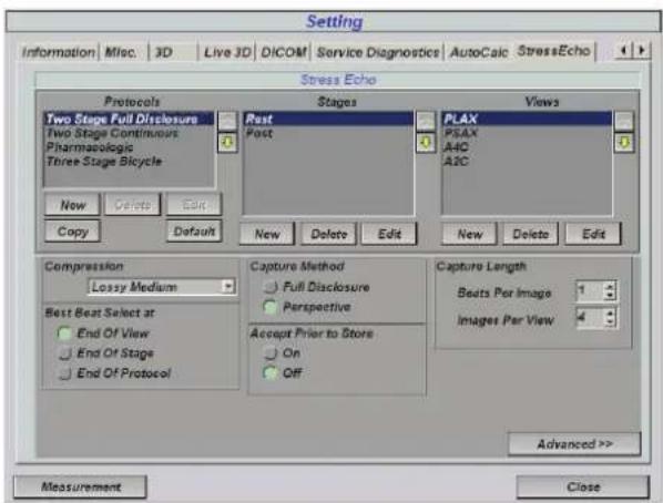 Setting Information Misc 3D Live 3D DICOM Service Diagnostics AutoCalc StressEcho Stress Echo Protocols Stages Views Two Stage Full Disclosure Two Stage Continuous Pharmacologic Three Stage Bicycle Post Post PLAX PSAX A4C A2C New Delete Edit New Delete Edit New Delete Edit Copy Default Compression Lossy Medium Capture Method Full Disclosure Perspective Accept Prior to Store On Off Capture Length Beats Per Image 1 Images Per View Best Beat Select at End Of View End Of Stage End Of Protocol Advanced >> Measurement Close