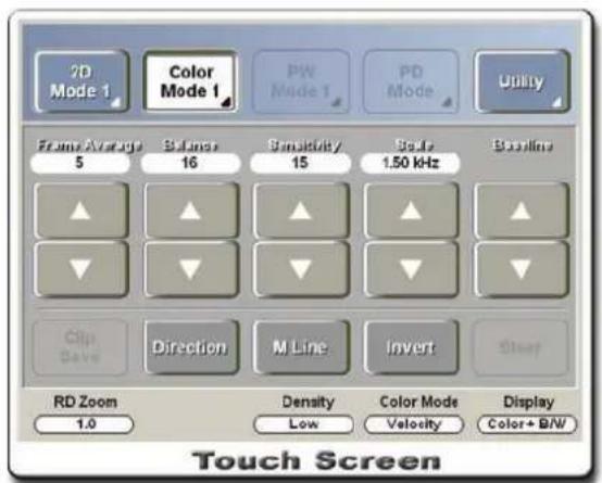 2D Mode 1 Color Mode 1 PW Mode 1 PD Mode Utility Frame Average 5 Balance 16 Sensitivity 15 Scale 1.50 kHz Baseline Clip Save Direction M Line Invert Steady RD Zoom 1.0 Density Low Color Mode Velocity Display Color+ B/W Touch Screen
