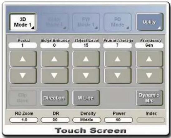 2D Mode 1 Color Mode 1 Ply Mode 1 PD Mode Utility Focus 1 Edge Enhance 0 Subject Level 15 Forma Average 7 Frequency Gen Clip Save Direction M Line Dynamic MR RD Zoom DR Density Middle Power Index 1.0 90 90 Touch Screen