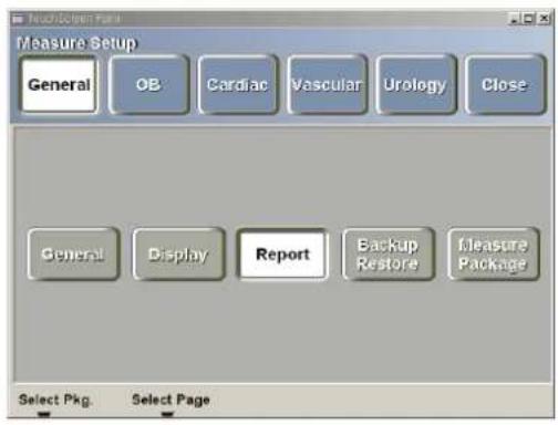 MonitorScreen Plan Measure Setup General OB Cardiac Vascular Urology Close General Display Report Backup Restore Measure Package Select Pkg. Select Page