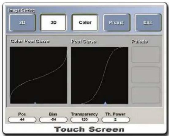 Image Setting 2D 3D Color Preset Exit Color Post Curve Post Curve Palette Pos Bias Transparency Th. Power 44 -54 120 2 Touch Screen