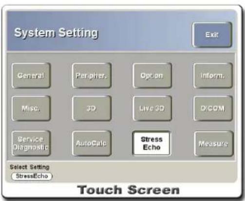 System Setting Exit General Peripher Option Inform. Misc. 3D Live 3D D/COM Service Diagnostic AutoCalc Stress Echo Measure Select Setting StressEcho Touch Screen