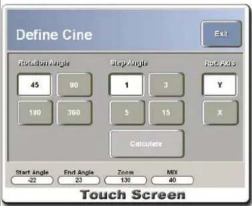 Define Cine Extr Rotation Angle 45 90 Step Angle 1 3 Y 180 360 5 15 X Calculate Start Angle -22 End Angle 23 Zoom 130 MIX 40 Touch Screen