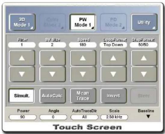 2D Mode 1 Cain Mode 2 PW Mode 1 PD Mode 2 Utility Filter 1 SV Size 2 Speed 180 LoopFormat Top Down DispFormat 50/50 Simult. AutoCalc Mean Trace Invert Steer Power 90 Angle 0 AutoTraceDir All Scale 2.50 kHz Baseline Touch Screen