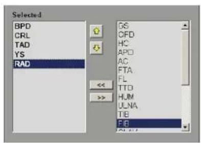 Selected BPD CRL TAD YS RAD GS CFD HC APD AC FTA FL TTD HUM ULNA TIB FIB