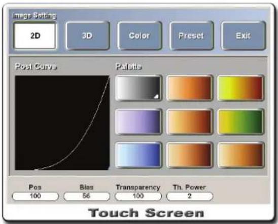 Image Setting 2D 3D Color Preset Exit Post Curves Palette Pos Bias Transparency Th. Power 100 56 100 2 Touch Screen