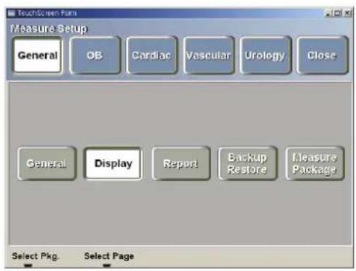 TouchScreen Falm Measure Setup General OB Cardiac Vascular Urology Close General Display Report Backup Measure Package Select Pkg. Select Page