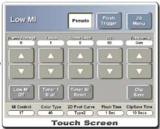 Low MI Pseudo Flash Trigger 2D Menu Frame Average 0 Factor 1 Reject Level 8 DIR 80 Frequency Gen Low MI Off Timer 1 Start Timer All Reset Clip Save MI Control Color Type 2D Post Curve Flash Time ClipSave Time 17 40 Type2 1 Sec 10 Secs Touch Screen