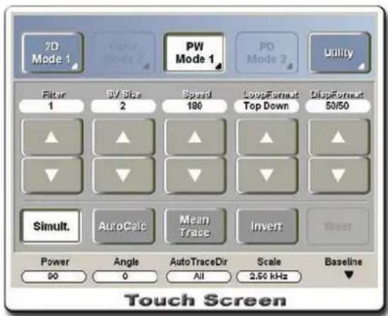 2D Mode 1 Color Mode 2 PW Mode 1 PD Mode 2 Utility Filter 1 SV Bits 2 Speed 180 LoopFormat Top Down DisFormat 50/50 Simult. AutoCalc Mean Trace Invert Steer Power 90 Angle 0 AutoTraceDir All Scale 2.50 kHz Baseline Touch Screen