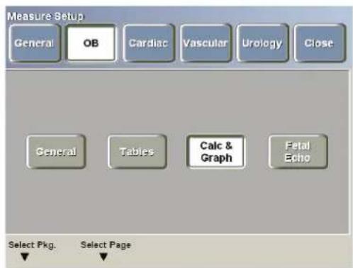 Measure Setup General OB Cardiac Vascular Urology Close General Tables Calc & Graph Fetal Echo Select Pkg. Select Page