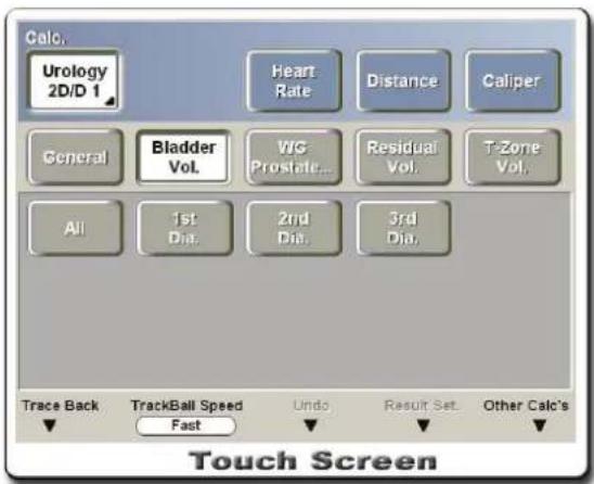 Calc. Urology 2D/D 1 Heart Rate Distance Caliper General Bladder Vol. WG Prostate... Residual Vol. T-Zone Vol. All 1st Dia. 2nd Dia. 3rd Dia. Trace Back TrackBall Speed Fast Undo Result Set Other Calc's Touch Screen
