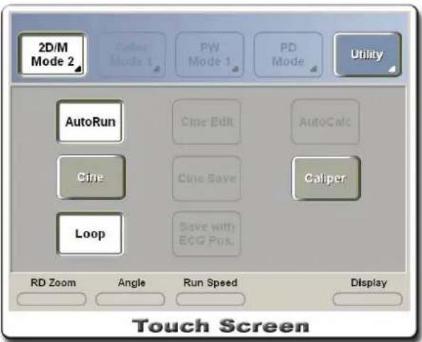 2D/M Mode 2 AutoRun Cine Loop Color Mode 1 PW Mode 1 PD Mode Save with ECG Pos. RD Zoom Angle Run Speed Display Utility Cine Edit AutoCalc Cine Save Calper