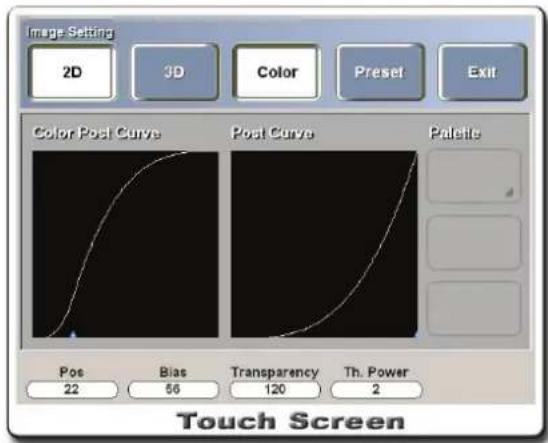 Image Setting 2D 3D Color Preset Exit Color Post Curve Post Curve Palette Pos Bias Transparency Th. Power 22 56 120 2 Touch Screen