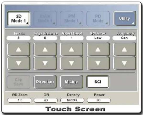 2D Mode 1 Color Mode 1 PW Mode 1 PD Mode Utility Focus 3 Edge Enhance 0 Rajast Level 1 SCI Filter Low Frequency Gen Clip Save Direction M Line SCI RD Zoom DR Density Middle Power 1.0 90 90 Touch Screen
