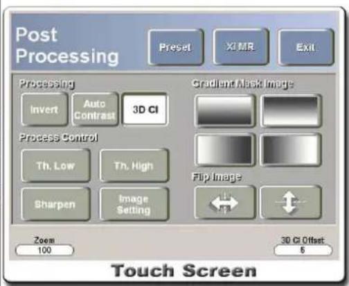 Post Processing Preset X/MR Exit Processing Invert Auto Contrast 3D CI Gradient Mask Image Process Control Th. Low Th. High Sharpen Image Setting Flip Image Zoom 100 3D CI Offset 5 Touch Screen