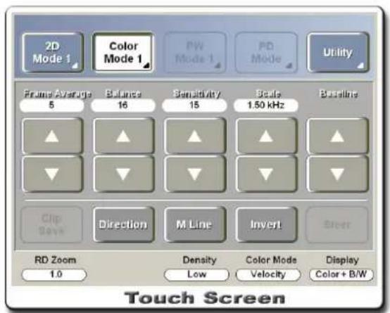 2D Mode 1 Color Mode 1 PW Mode 1 PD Mode Utility Frame Average 5 Balance 16 Sensitivity 15 Scale 1.50 kHz Baseline Clip Save Direction M Line Invert Street RD Zoom 1.0 Density Low Color Mode Velocity Display Color + B/W Touch Screen