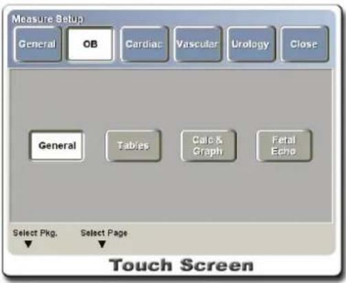 Measure Setup General OB Cardiac Vascular Urology Close General Tables Calc & Graph Fetal Echo Select Pkg. Select Page Touch Screen