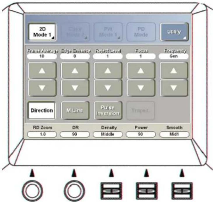 2D Mode 1 Cain Mode 2 PW Mode 1 PD Mode Utility Frame Average 10 Edge Enable 0 Reject Level 1 Focus 1 Frequency Gen Direction M Line Pulse Inversion Trapez RD Zoom 1.0 DR 90 Density Middle Power 90 Smooth Mid1