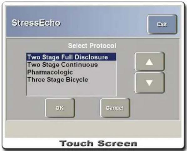 StressEcho Exit Select Protocol Two Stage Full Disclosure Two Stage Continuous Pharmacologic Three Stage Bicycle OK Cancel Touch Screen