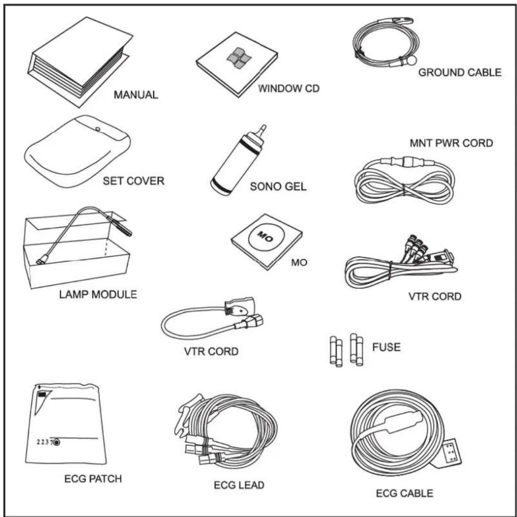 MANUAL WINDOW CD GROUND CABLE SET COVER SONO GEL MNT PWR CORD LAMP MODULE MO MO VTR CORD FUSE VTR CORD ECG PATCH ECG LEAD ECG CABLE