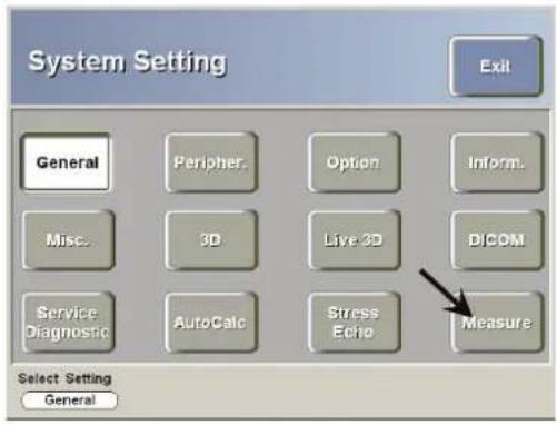 System Setting Exit General Peripher. Option Inform. Misc. 3D Live 3D DICOM Service Diagnostic AutoCalc Stress Echo Measure Select Setting General