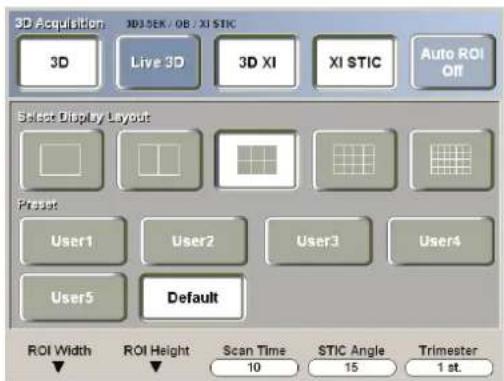 3D Acquisition: 3D15K / OB / XI STIC 3D Live 3D 3D XI XI STIC Auto ROI Off Select Display Layout Preset User1 User2 User3 User4 User5 Default ROI Width ROI Height Scan Time STIC Angle Trimester ▼ 10 15 1 st.