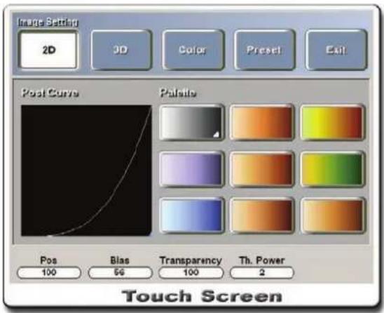 Image Setting 2D 3D Color Preset Exit Pool Curve Palette Pos Bias Transparency Th. Power 100 66 100 2 Touch Screen