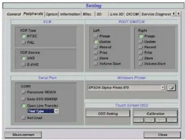 Setting General Peripherals Option Information Misc. 3D Live 3D DICOM Service Diagnost 1 VCR VOO SWITCH VCR Type NTSC PAL VCR Source VHS S-VHS Left Freeze Update Record Print Store Volume Start Right Freeze Update Record Print Store Volume Start Serial Port COM1 Panasonic M08TS Sony SVO 9500MD Open Line Transfer Text Type Not Used Windows Printer EPSON Stylus Photo 870 Touch Screen OSD O2D Setting Calibration Measurent Close