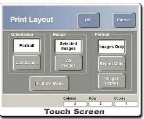 Print Layout OK Cancel Orientation Portrait Range Selected Images All Images Ink Save Mode Format Images Only Report Only Images Report Column Row Copies 2 2 1 Touch Screen