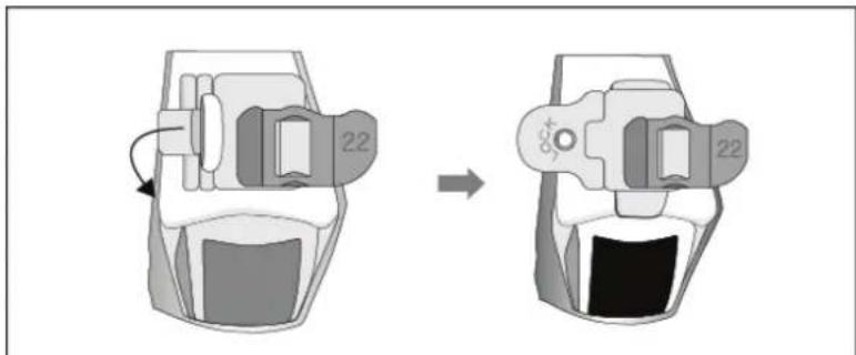 Diagram showing a car door switch mechanism before and after, with labeled parts '22' and directional arrow indicating transformation.