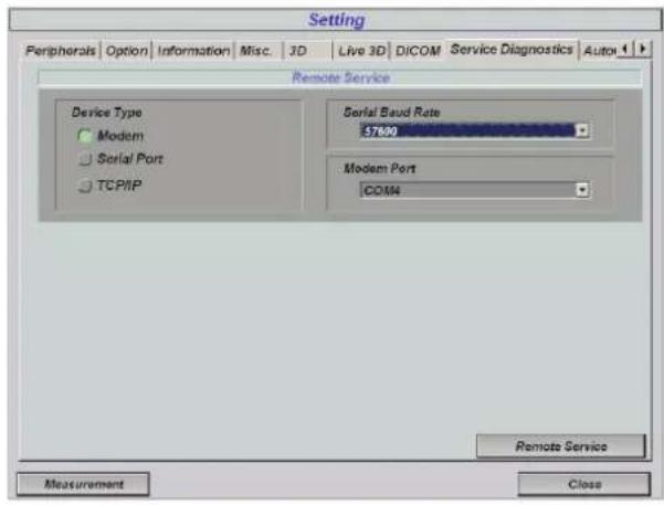 Setting Peripherals Option Information Misc. 3D Live 3D DICOM Service Diagnostics Auto Remote Service Device Type Modem Serial Port TCP/IP Serial Baud Rate 57600 Modem Port COM4 Remote Service Measurement Close
