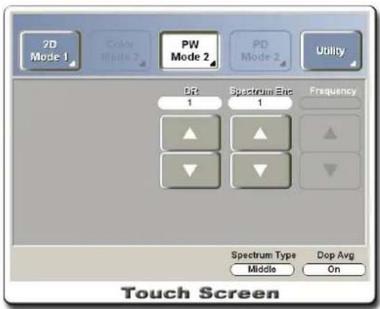 2D Mode 1 Color Mode 2 PW Mode 2 PD Mode 2 Utility DR: 1 Spectrum Enc 1 Frequency ▲ ▲ ▼ ▼ Spectrum Type Middle Dop Avg On Touch Screen