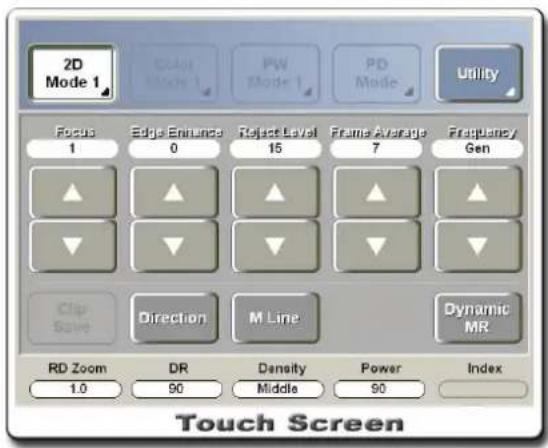 2D Mode 1 Color Mode 1 PW Mode 1 PD Mode Utility Focus 1 Edge Enhance 0 Reject Level 15 Frame Average 7 Frequency Gen Clip Save Direction M Line Dynamic MR RD Zoom DR Density Power Index 1.0 90 Middle 90 Touch Screen