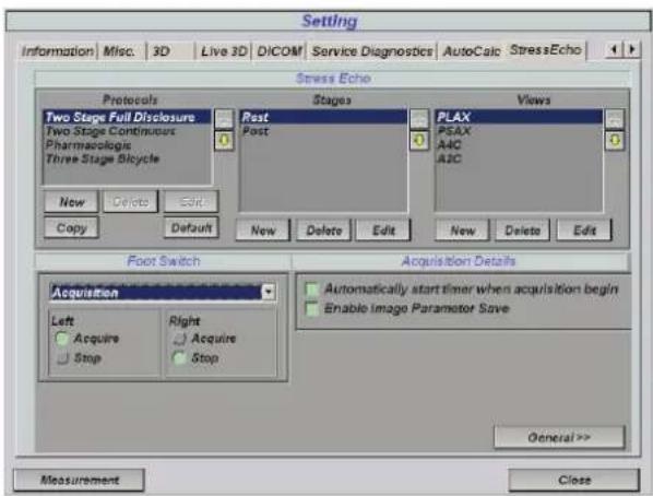Setting Information | Misc. | 3D | Live 3D | DICOM | Service Diagnostics | AutoCalc | StressEcho | Stress Echo Protocols Two Stage Full Disclosure Two Stage Continuous Pharmacologic Three Stage Bicycle Rest Post PLAX PSAX A4C A2C Views New Delete Edit Default New Delete Edit New Delete Edit Foot Switch Acquisition Left Acquire Right Acquire Stop Acquisition Details Automatically start timer when acquisition begin Enable Image Parameter Save General >> Measurement Close