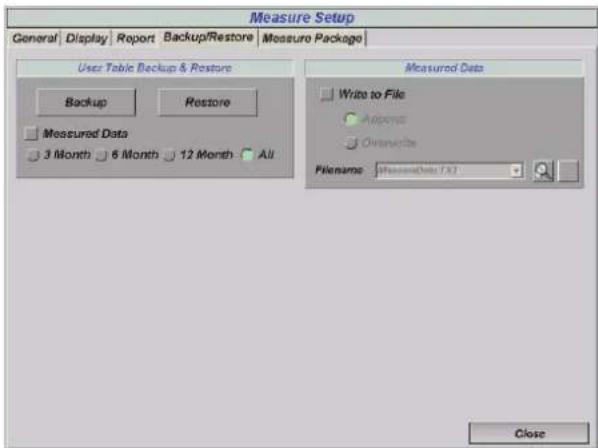 Measure Setup General | Display | Report | Backup/Restore | Measure Package | User Table Backup & Restore Backup Restore Measured Data 3 Month 6 Month 12 Month All Measured Data Write to File Approve Overwrite Filename: MeasureData (F.D.) Close