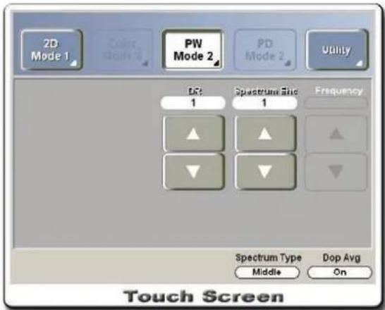 2D Mode 1 Color Mode 2 PW Mode 2 PD Mode 2 Utility DC: 1 Spectrum Etc: 1 Frequency ▲ ▲ ▼ ▼ Spectrum Type Middle Dop Avg On Touch Screen