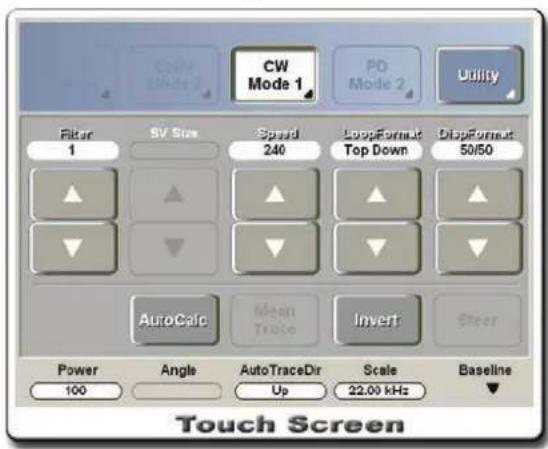 CW Mode 1 PD Mode 2 Utility Filter 1 SV Size Speed 240 LoopFormat Top Down DisFormat 50/50 AutoCafe Mean Trache Invert Spear Power Angle AutoTraceDir Scale Baseline 100 Up 22.00 kHz Touch Screen