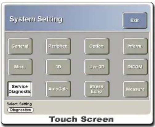 System Setting Exit General Peripheral Option Inform. Misc 3D Live 3D DICOM Service Diagnostic AutoCalc Stress Echo Measure Select Setting Diagnosities Touch Screen