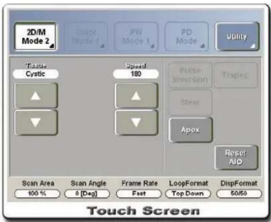 2D/M Mode 2 Color Mode 1 PW Mode 1 PD Mode Utility Tissue Cystic Speed 180 Pulse Inversion Trapsc Steel Apex Reset AIO Scan Area 100 % Scan Angle 0 [Deg] Frame Rate Fast LoopFormat Top Down DispFormat 50/50 Touch Screen
