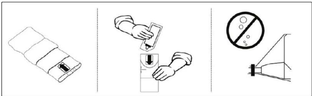 Diagram showing three safety symbols: a device with plug, hand holding a device, and a prohibition symbol.