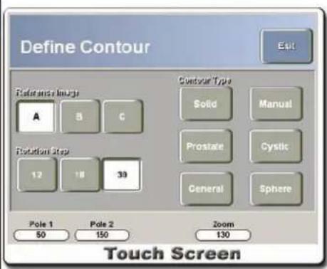 Define Contour Reference Image A B C Rotation Step 12 18 39 Pole 1 Pole 2 Zoom 50 150 130 Covtour Type Solid Manual Prostate Cystic General Sphere Touch Screen